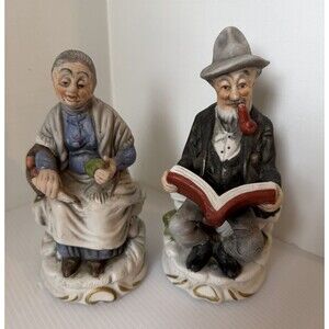 Vtg F W Woolworth Old Man & Woman Figurines Set Bisque Porcelain Granny Core